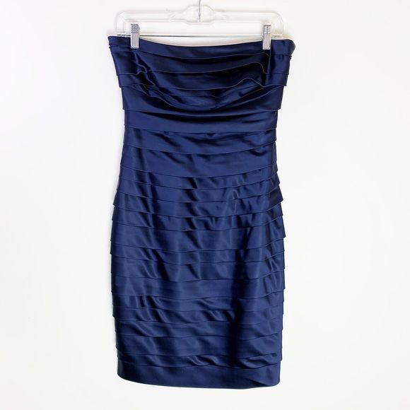 Calvin Klein Womens Sheath Dress Size 4 Strapless Tiered Blue Satain Small Short - Picture 1 of 6